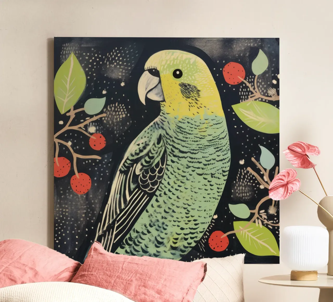 Pappagallo verde 3 tela con Cornice a cassetta da Minimal Animal Art