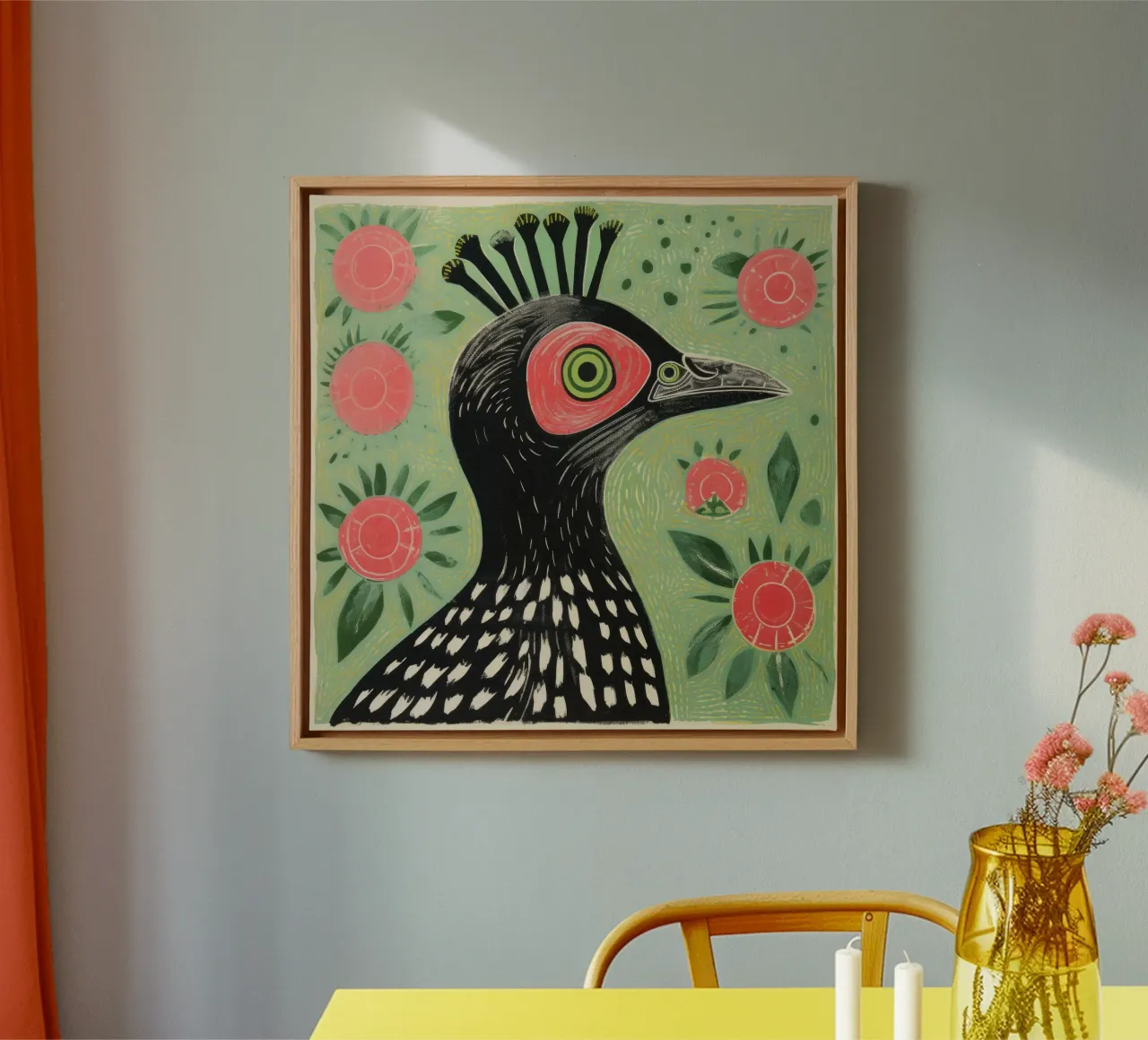 Pappagallo verde 4 tela con Cornice a cassetta da Minimal Animal Art