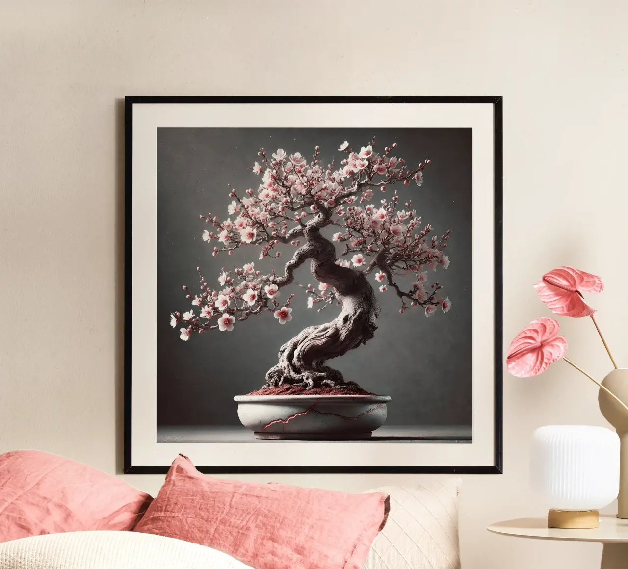 Bonsai di fiori di ciliegio - Elegante estetica asiatica poster con telaio in plastica da scHio