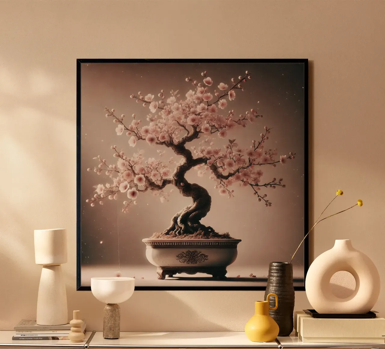 Bonsai di fiori di ciliegio - Elegante estetica asiatica vintage poster con telaio in legno da scHio