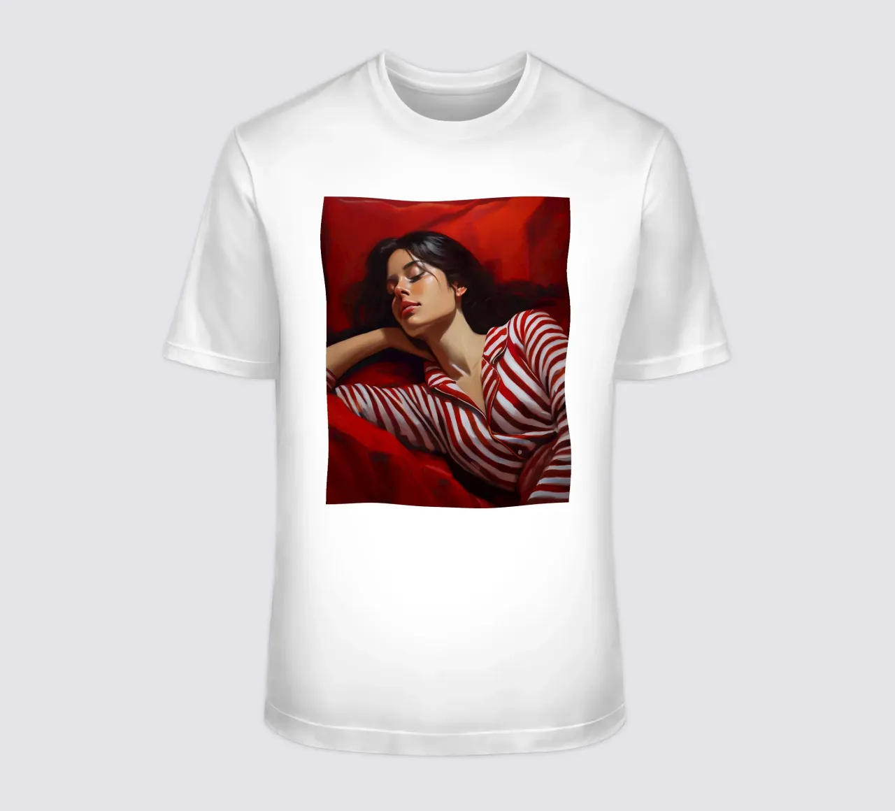 Portrait d'une femme endormie avec un pyjama rouge et blanc t-shirt de Take Your Art BV