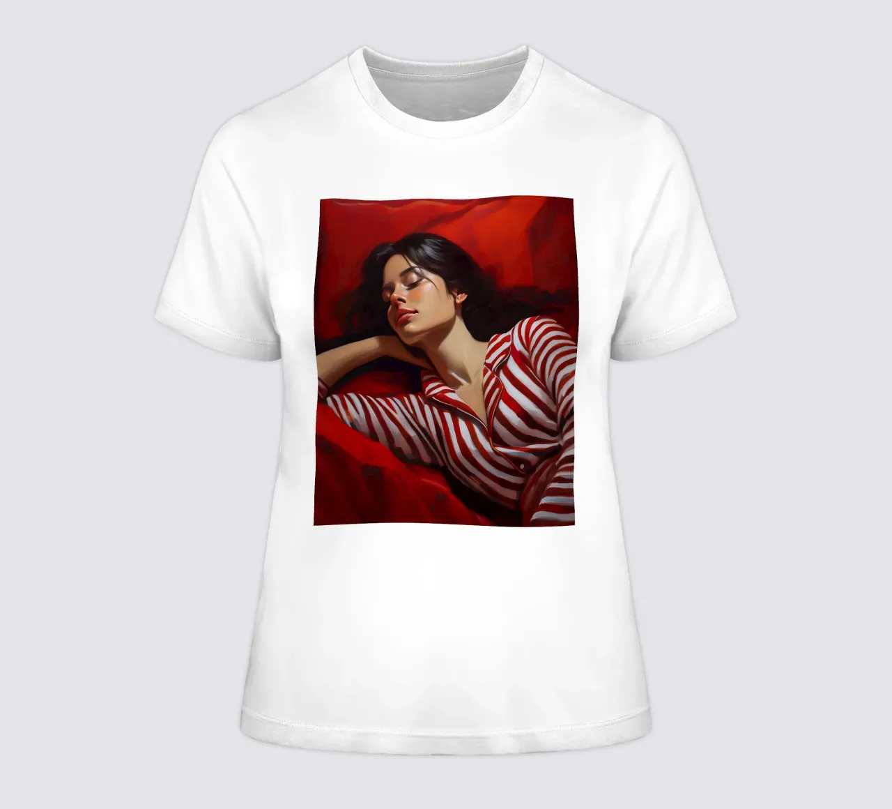 Portrait schlafende Frau mit rot-weißem Pyjama Frauen T-Shirt von Take Your Art BV