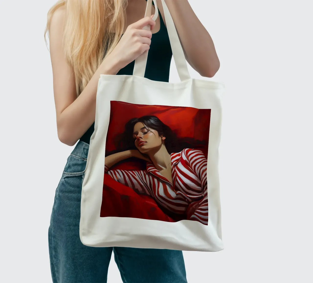 Portrait sleeping woman with red white Pyjama tote bag by Take Your Art BV