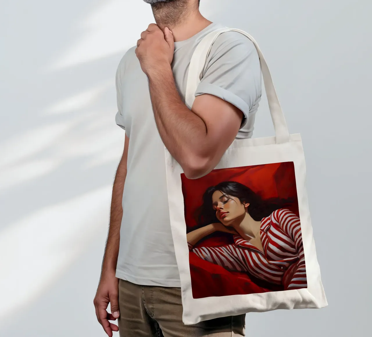 Portrait sleeping woman with red white Pyjama tote bag by Take Your Art BV