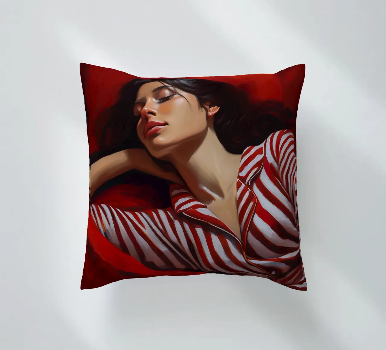 Portrait d'une femme endormie avec un pyjama rouge et blanc coussin de Take Your Art BV