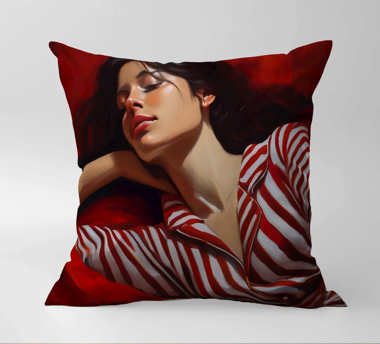 Portrait d'une femme endormie avec un pyjama rouge et blanc coussin de Take Your Art BV