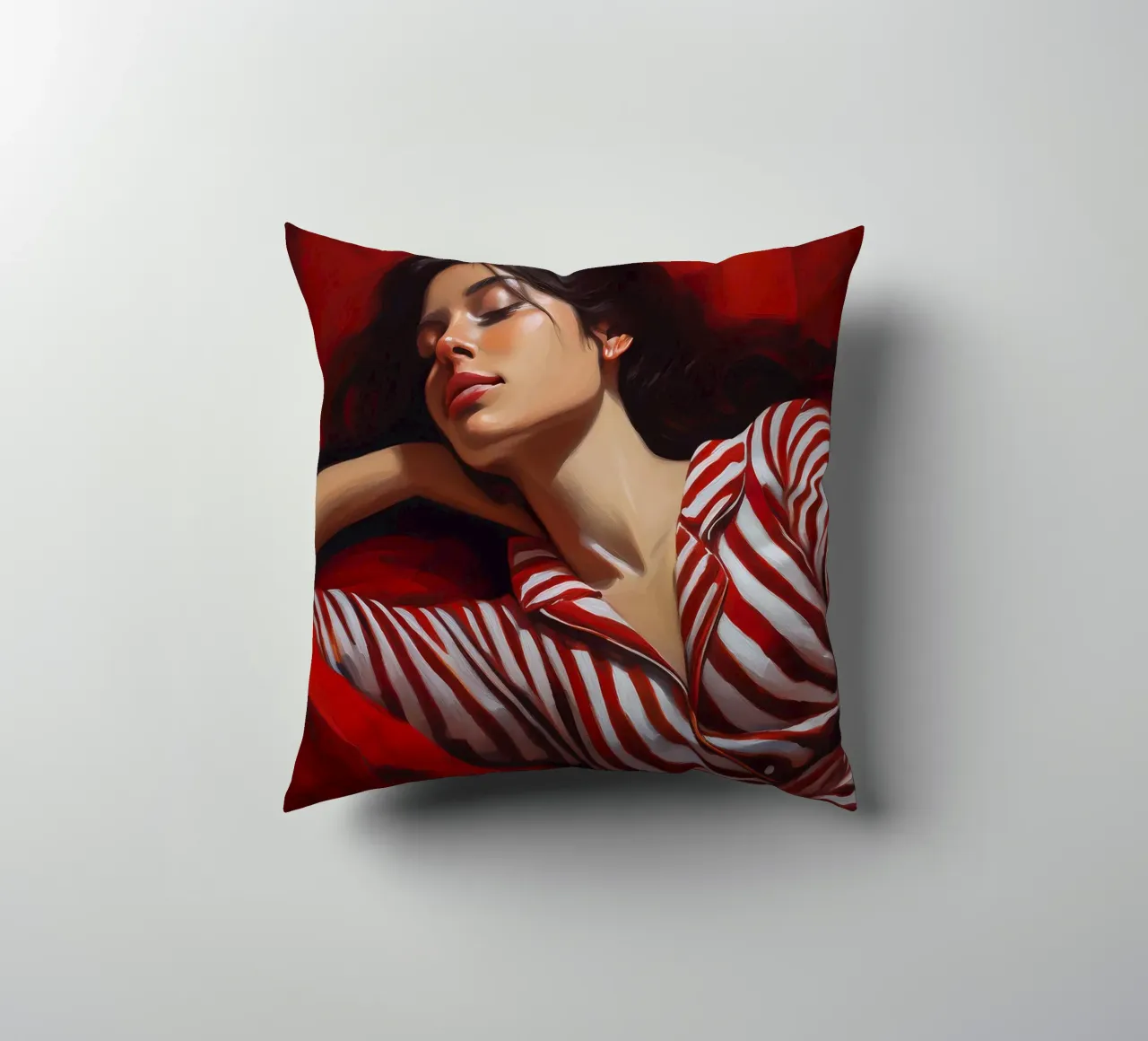 Portrait d'une femme endormie avec un pyjama rouge et blanc coussin de Take Your Art BV