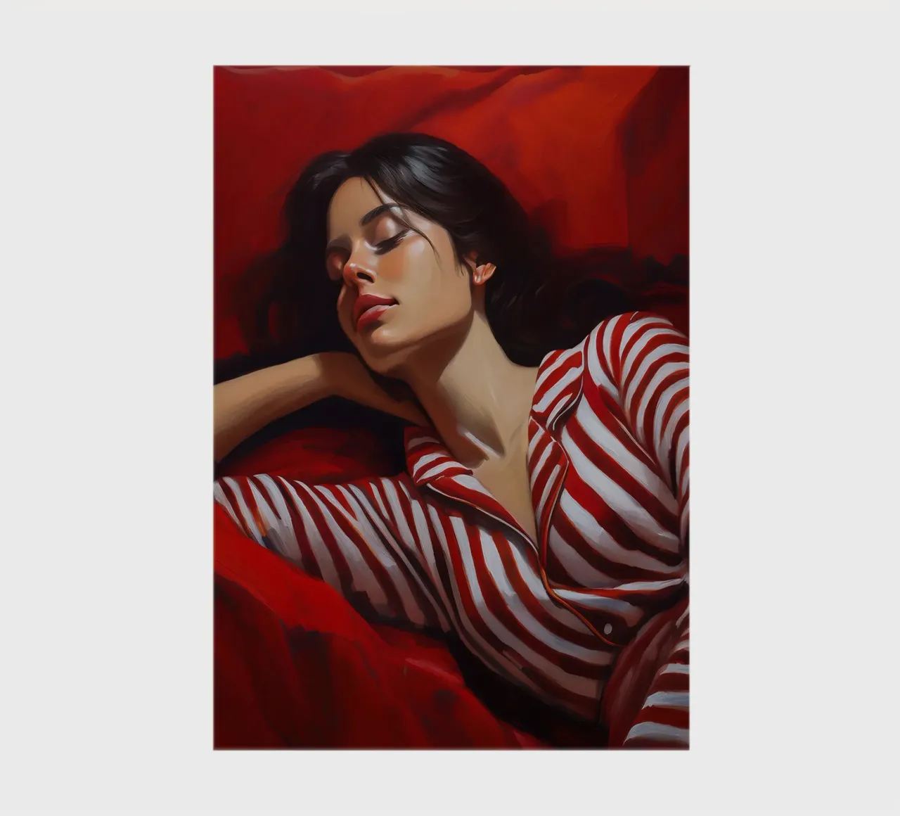 Portrait d'une femme endormie avec un pyjama rouge et blanc carnet de notes de Take Your Art BV