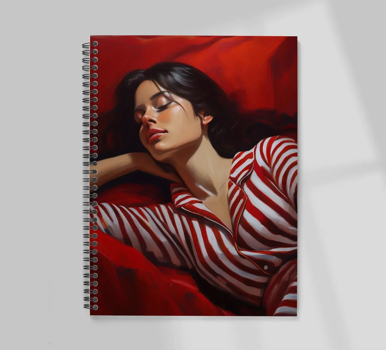 Portrait sleeping woman with red white Pyjama spiral notebook by Take Your Art BV