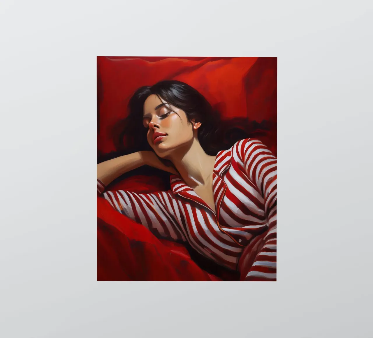 Portrait d'une femme endormie avec un pyjama rouge et blanc autocollant de Take Your Art BV