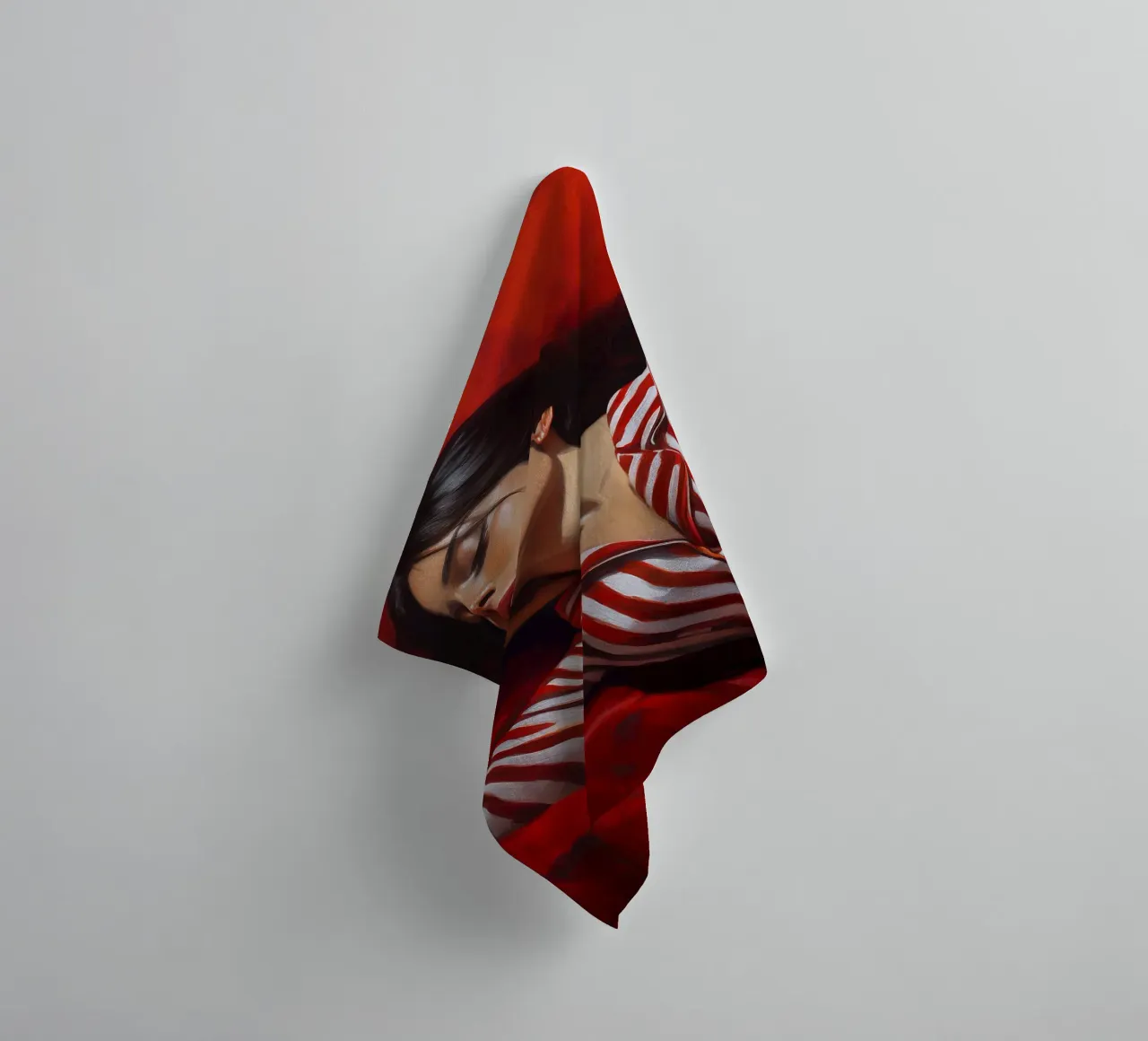 Portrait d'une femme endormie avec un pyjama rouge et blanc serviette de bain de Take Your Art BV