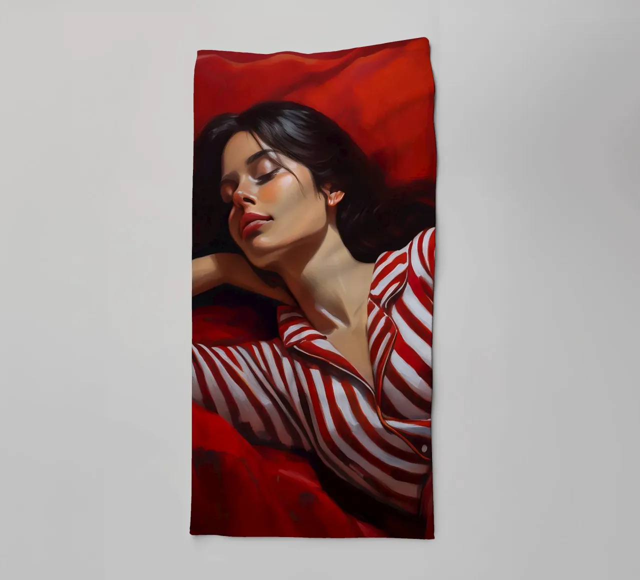 Portrait d'une femme endormie avec un pyjama rouge et blanc serviette de bain de Take Your Art BV