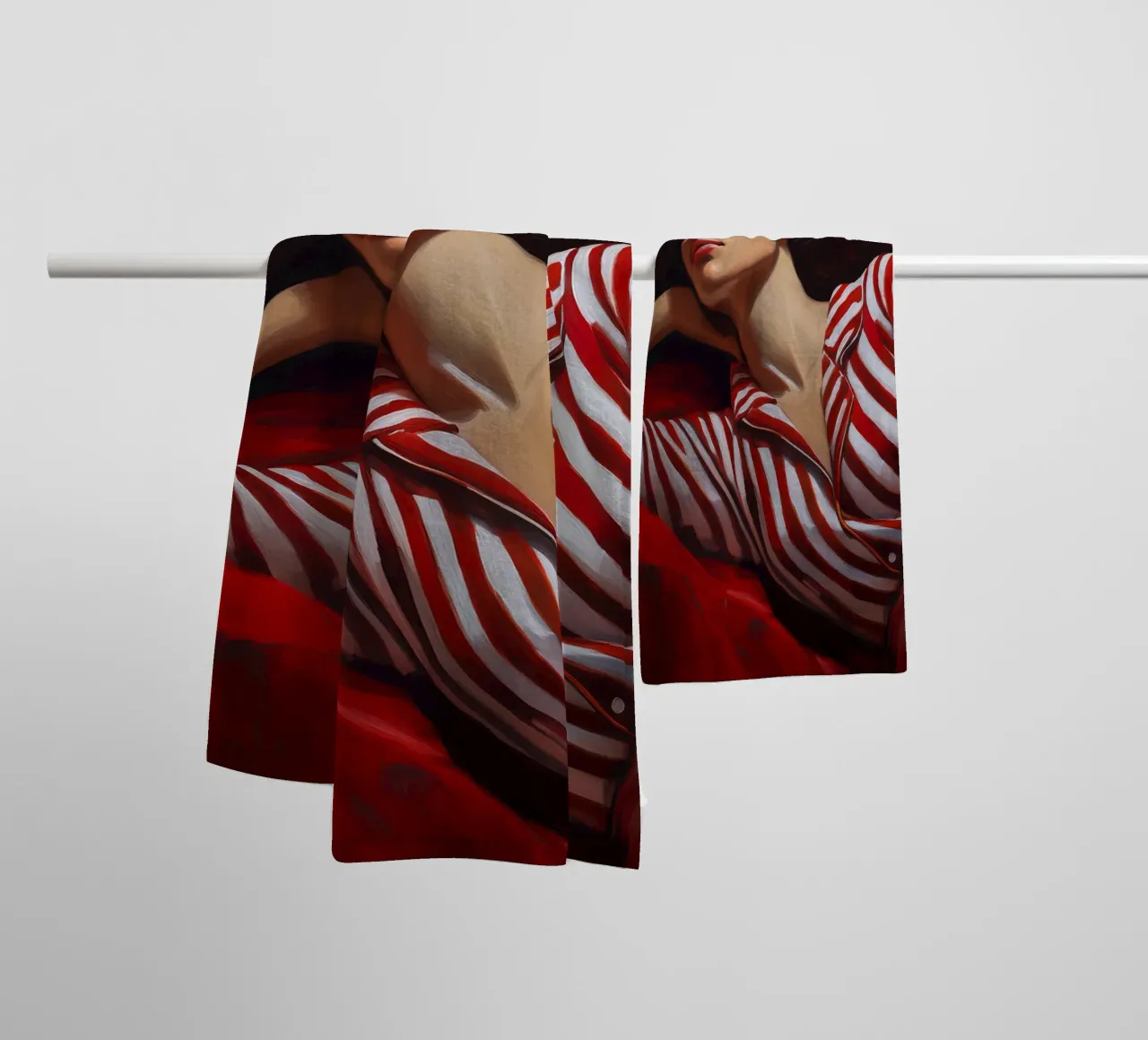Portrait d'une femme endormie avec un pyjama rouge et blanc serviette de bain de Take Your Art BV