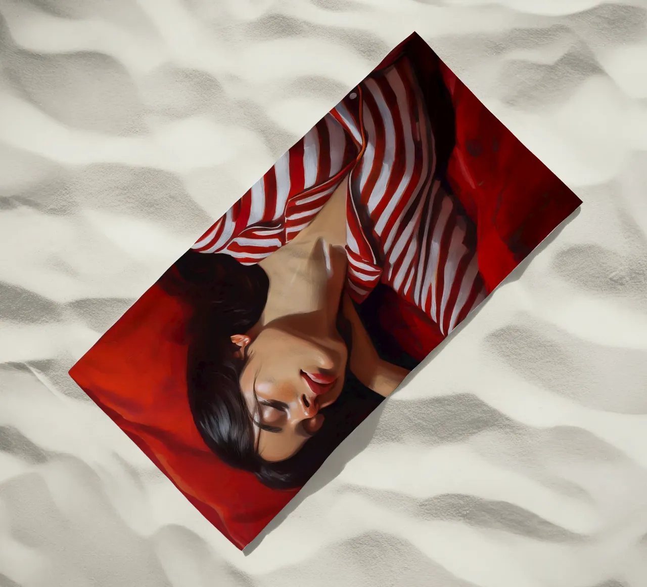 Portrait sleeping woman with red white Pyjama beach towel by Take Your Art BV