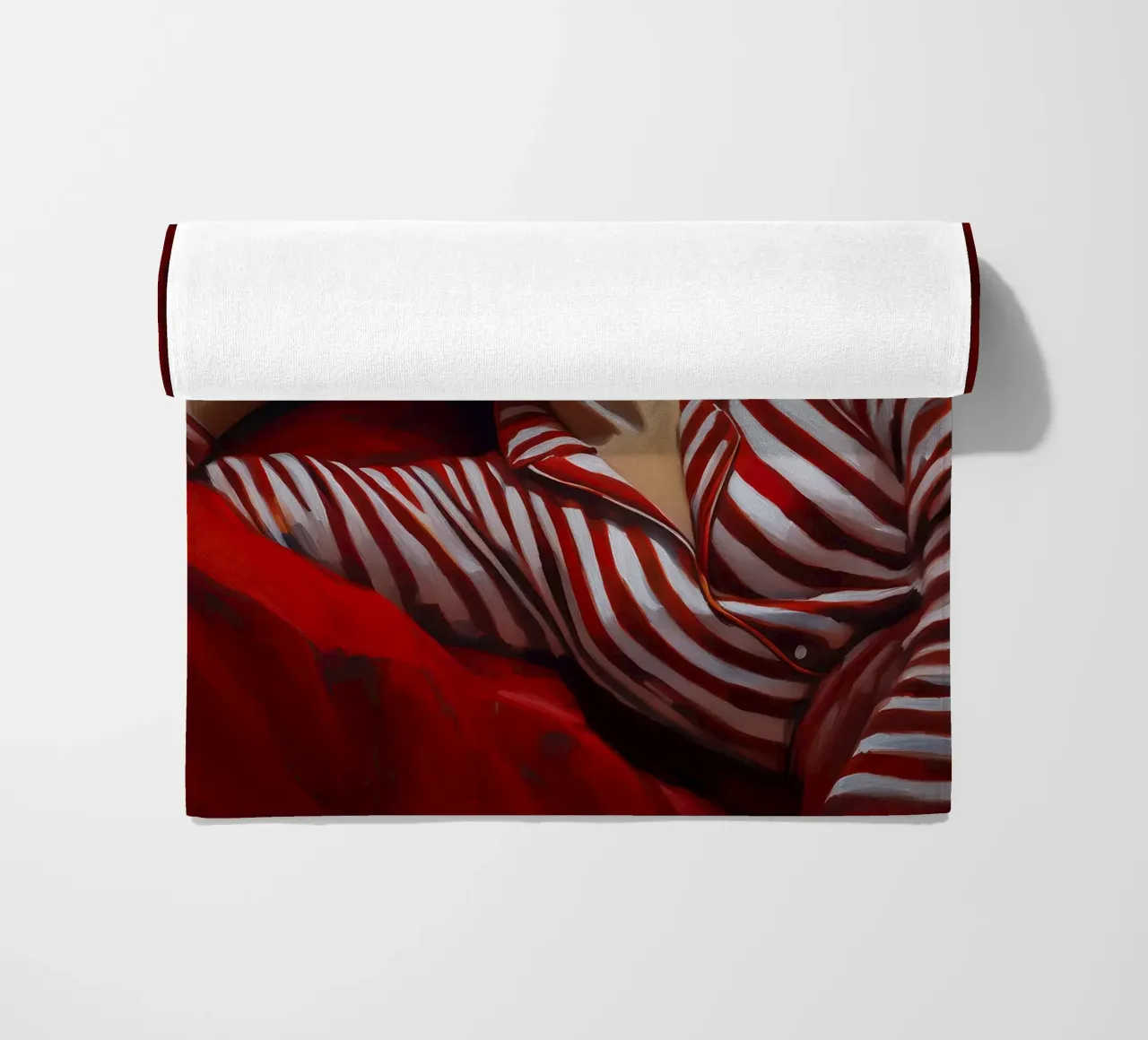 Portrait sleeping woman with red white Pyjama beach towel by Take Your Art BV
