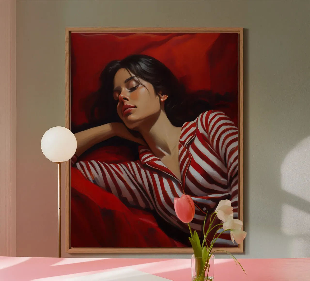 Ritratto di donna addormentata con pigiama rosso bianco alluminio dibond da Take Your Art BV