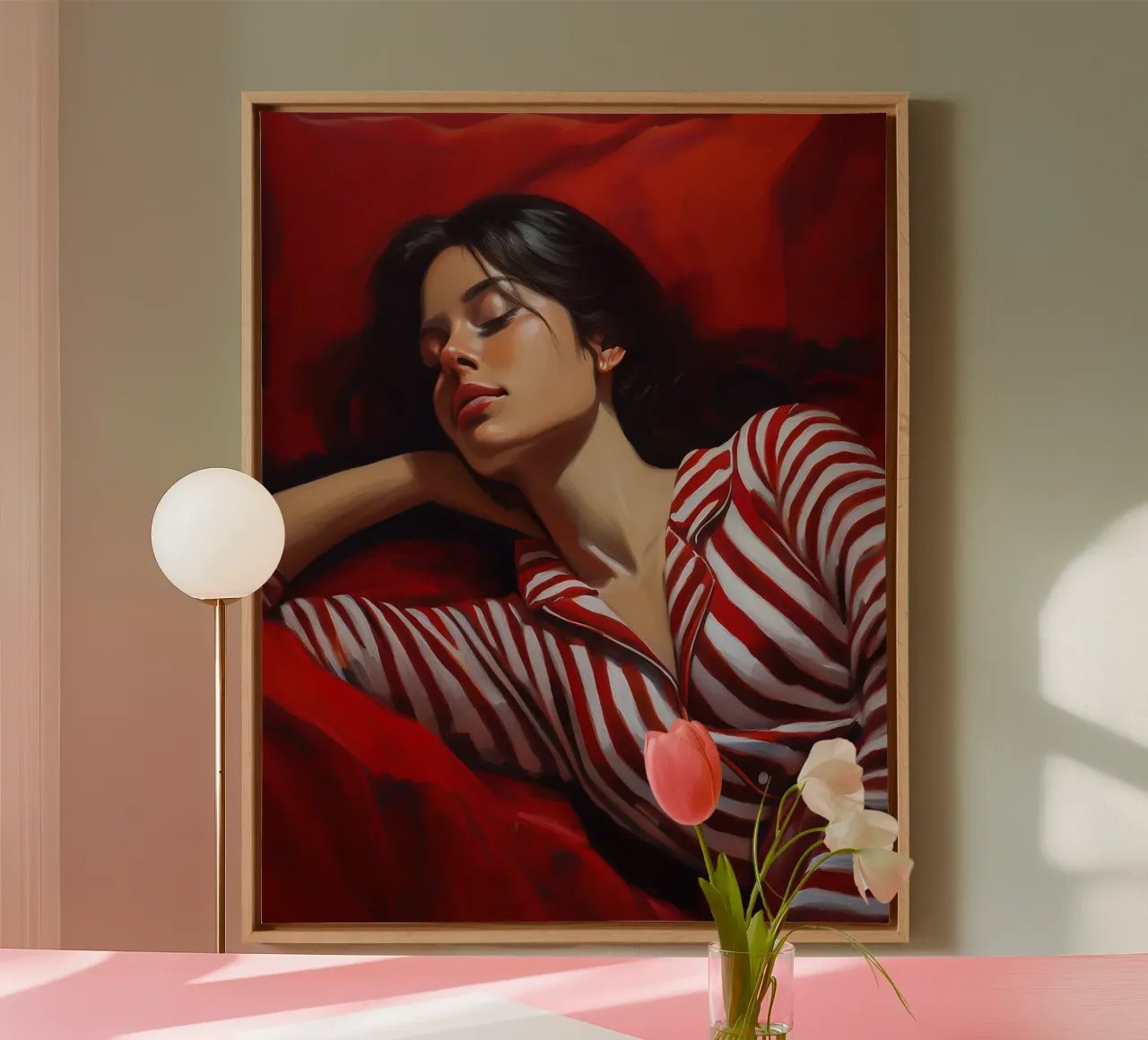 Ritratto di donna addormentata con pigiama rosso bianco tela da Take Your Art BV