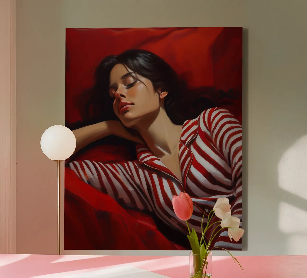 Ritratto di donna addormentata con pigiama rosso bianco tela da Take Your Art BV