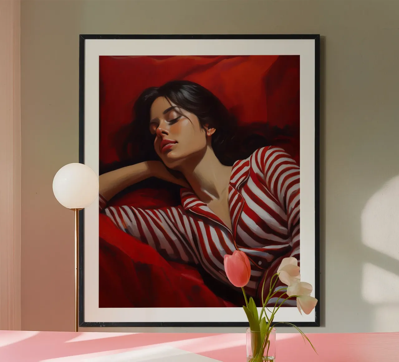 Portrait d'une femme endormie avec un pyjama rouge et blanc hahnemühle de Take Your Art BV