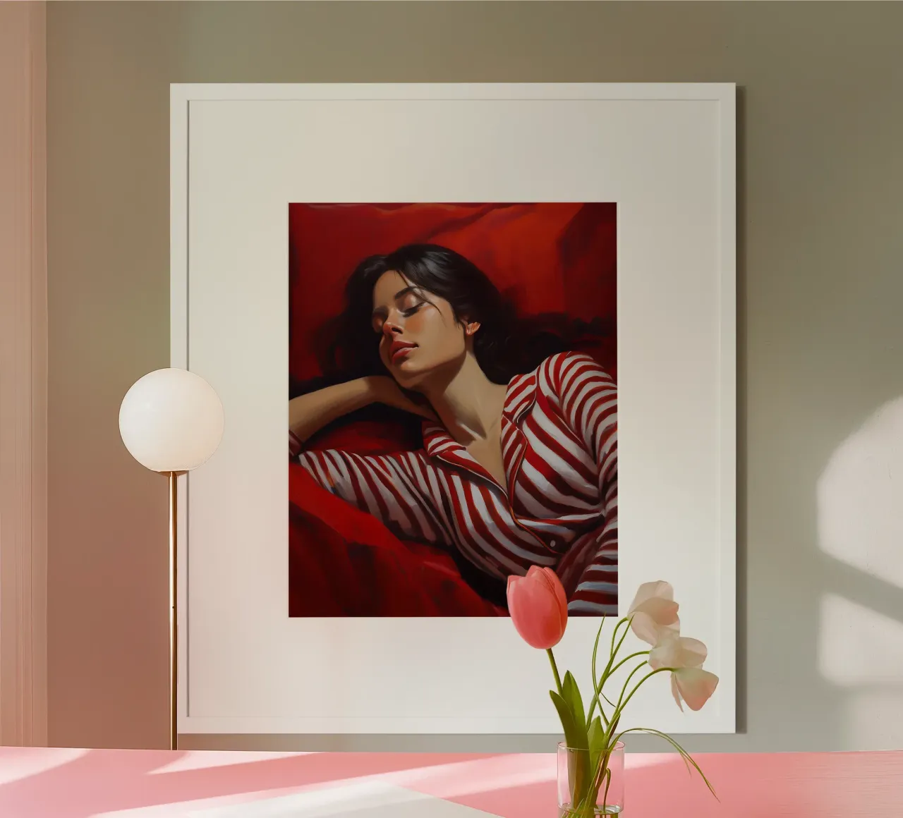 Portrait d'une femme endormie avec un pyjama rouge et blanc hahnemühle de Take Your Art BV