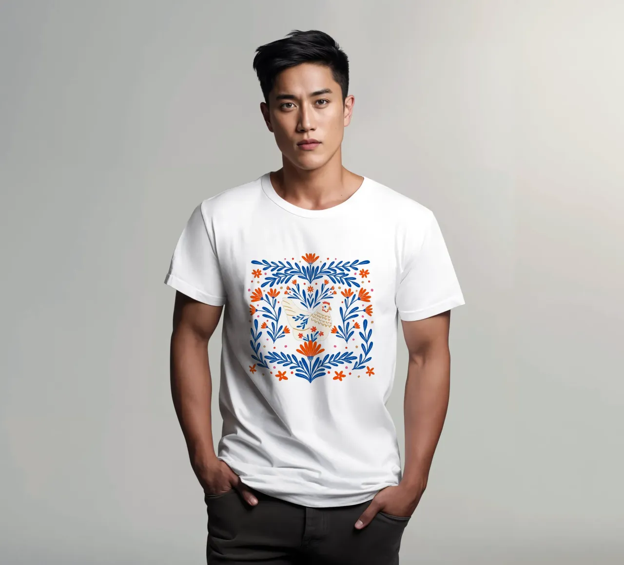 Pollo in fiore - arancione e blu t-shirt da Wackapacka
