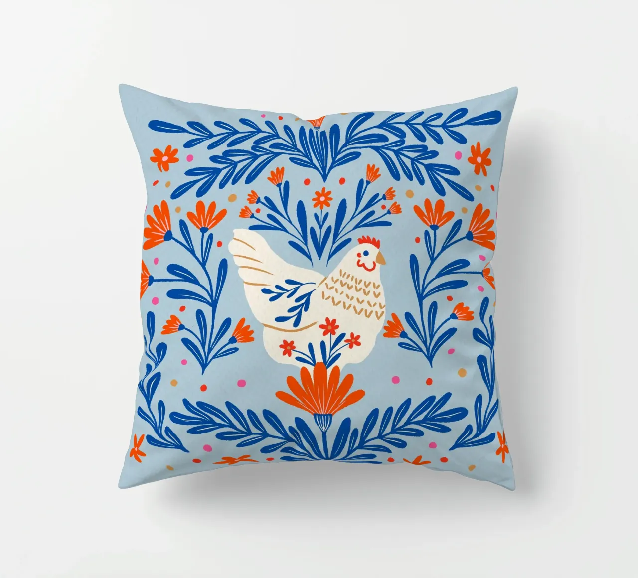 Pollo in fiore - arancione e blu cuscino da Wackapacka