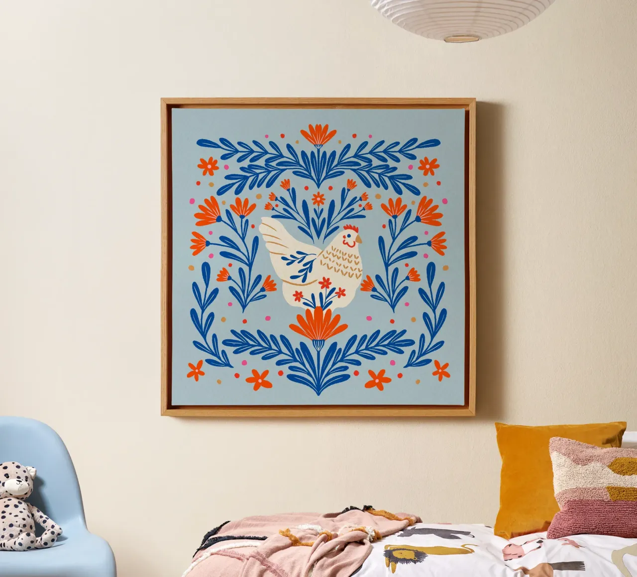 Pollo in fiore - arancione e blu tela con Cornice a cassetta da Wackapacka
