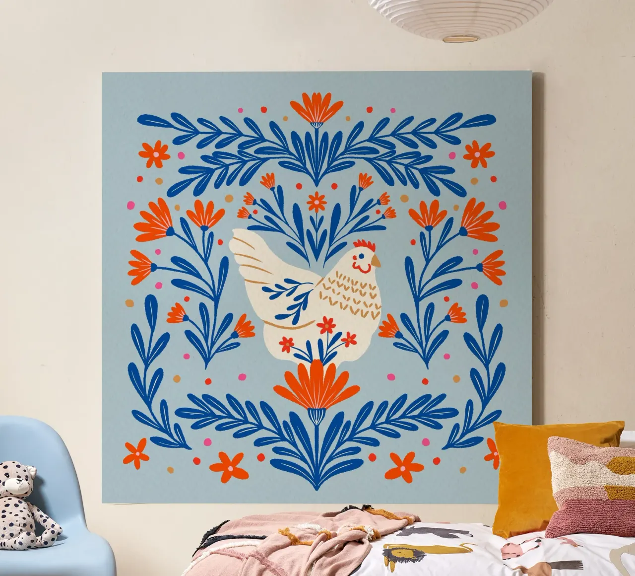 Pollo in fiore - arancione e blu tela con Cornice a cassetta da Wackapacka