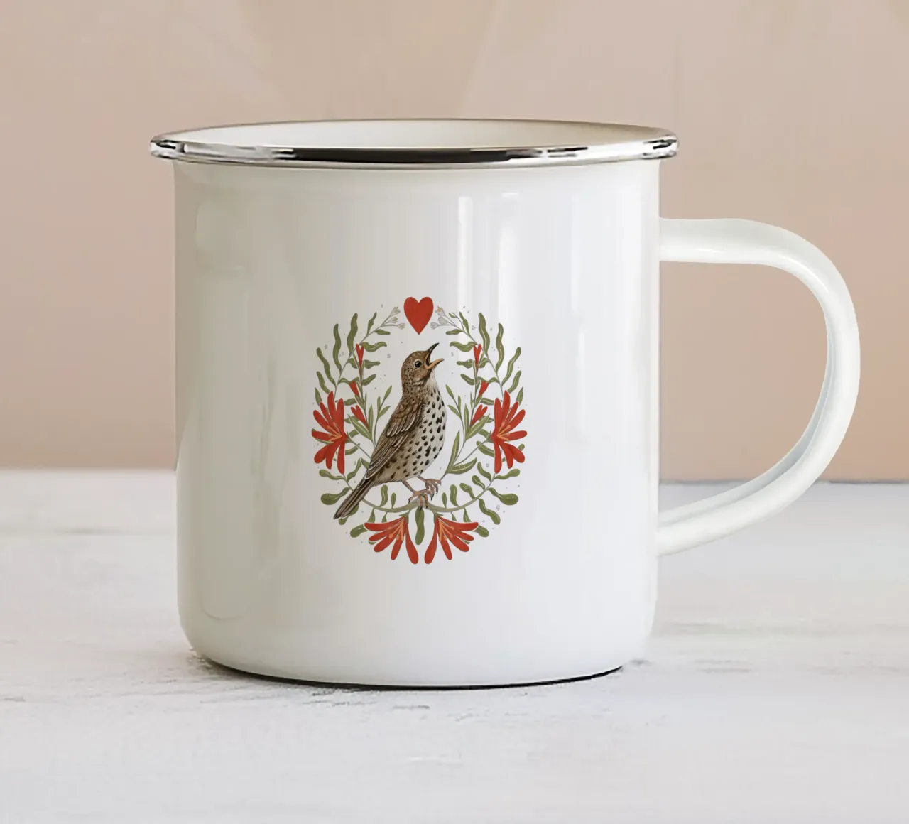 Stampa folkloristica del tordo canoro d'inverno tazza in smalto da Laura Graves
