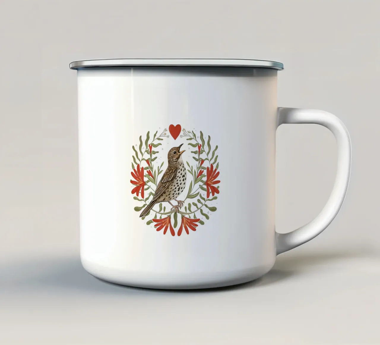 Stampa folkloristica del tordo canoro d'inverno tazza in smalto da Laura Graves