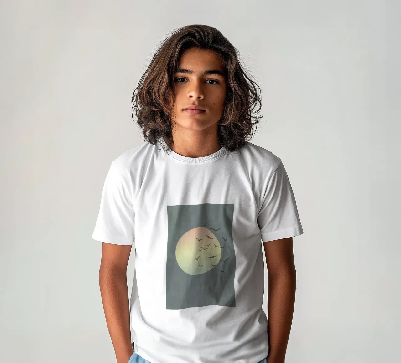 Bird formation at sunset kids t-shirt by Carinaprint