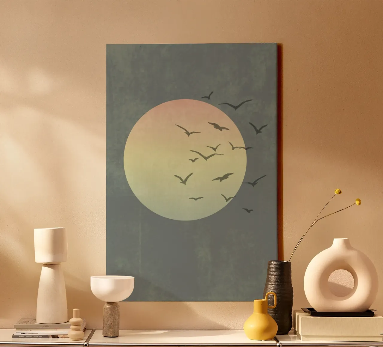 Vogelformatie bij zonsondergang canvas met Baklijst van Carinaprint