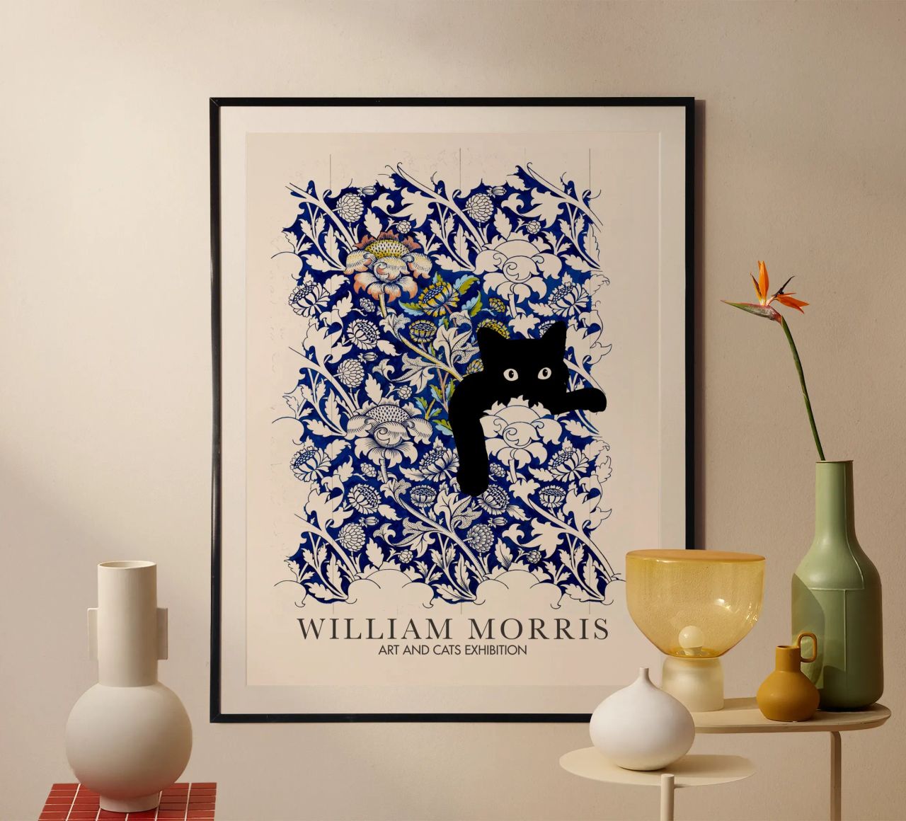 William Morris, Peekaboo Cat, Blue Flower Arts & Cats poster by Peaches Art Prints