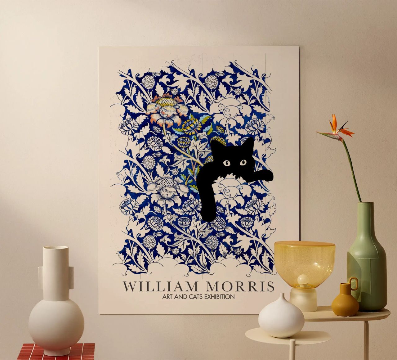 William Morris, Peekaboo Cat, Blue Flower Arts & Cats poster by Peaches Art Prints