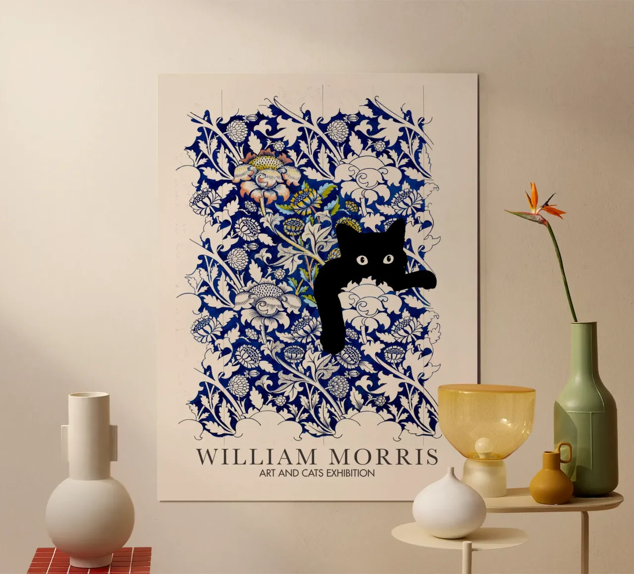 William Morris, Peekaboo Cat, Blaue Blume Kunst & Katzen Poster mit Kunststoffrahmen von Peaches Art Prints