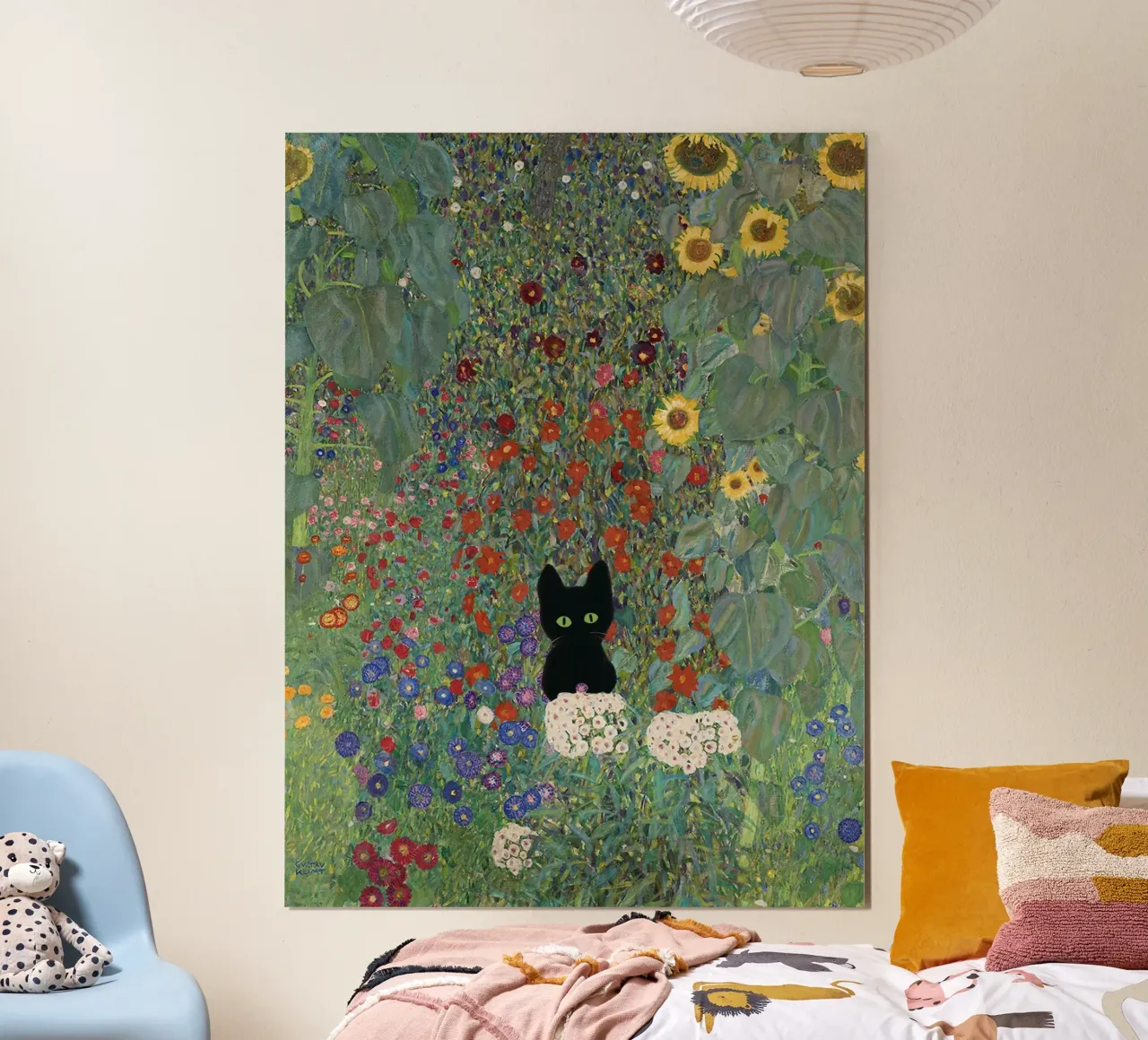Zwarte kat, Gustav Klimt Boerderij met zonnebloemen poster met aluminium frame van Peaches Art Prints