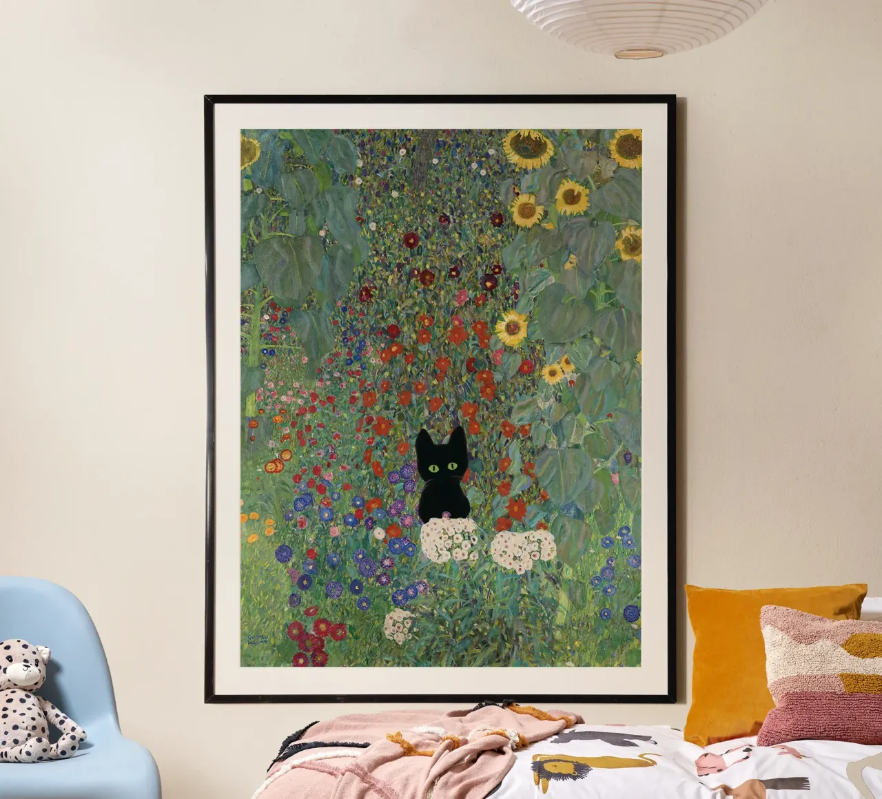 Zwarte kat, Gustav Klimt Boerderij met zonnebloemen poster met aluminium frame van Peaches Art Prints