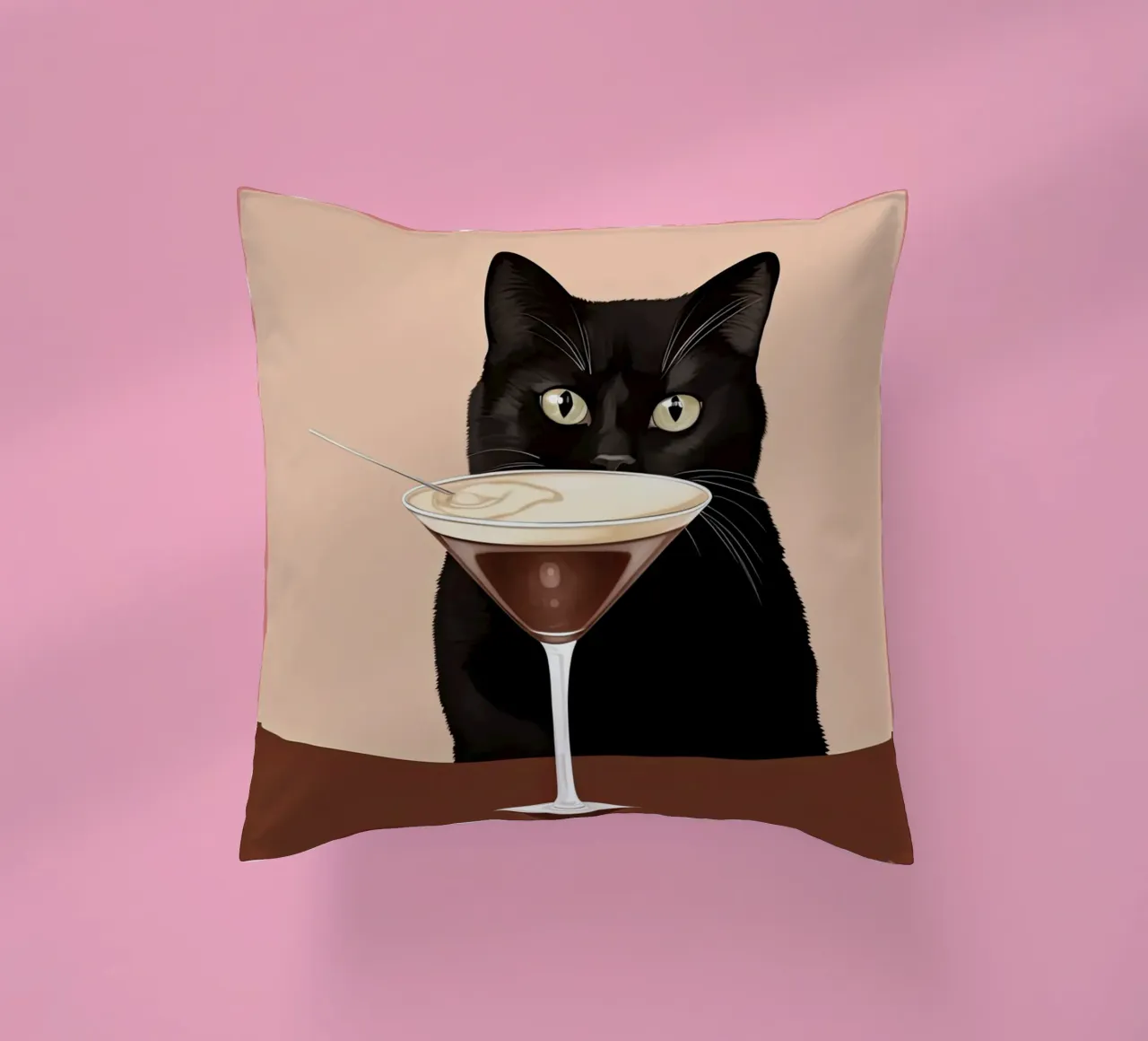 Gatto nero con martini espresso cuscino da Peaches Art Prints