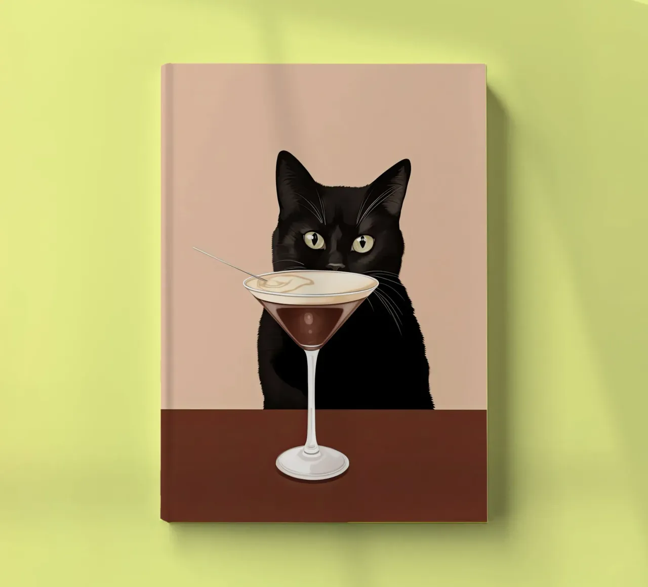 Black cat with espresso martini notebook by Peaches Art Prints