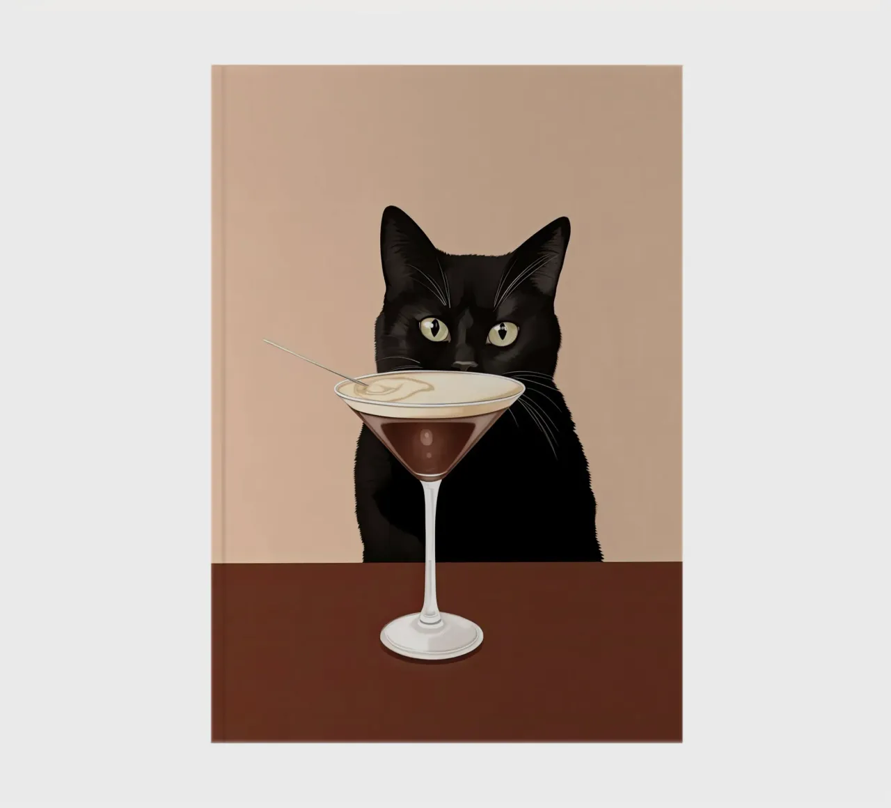 Black cat with espresso martini notebook by Peaches Art Prints