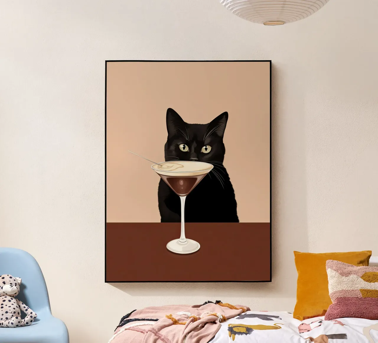 Gatto nero con martini espresso plexiglass da Peaches Art Prints