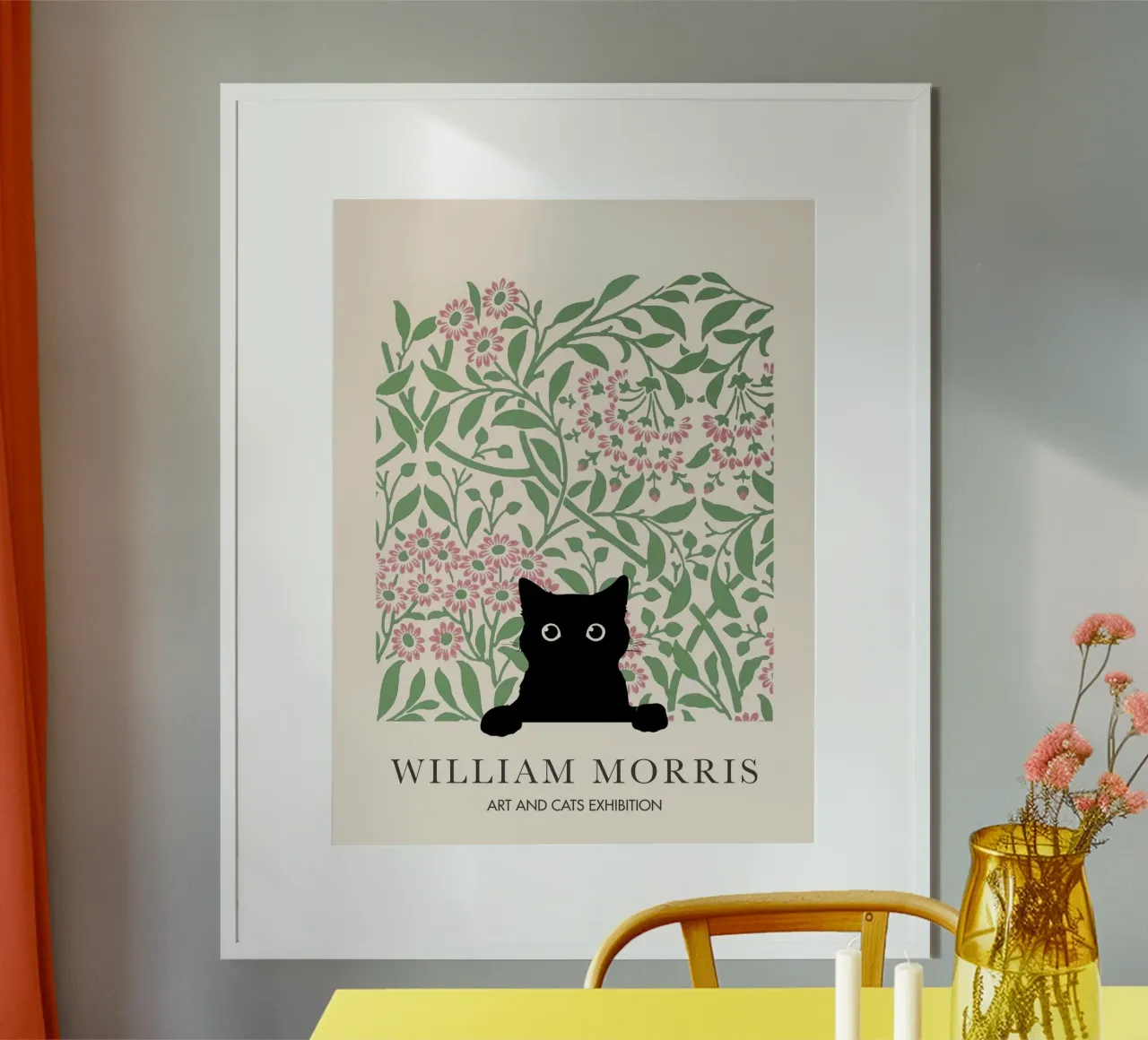 William Morris, Peekaboo Cat, Daisy Arts & Cats poster con telaio in alluminio da Peaches Art Prints