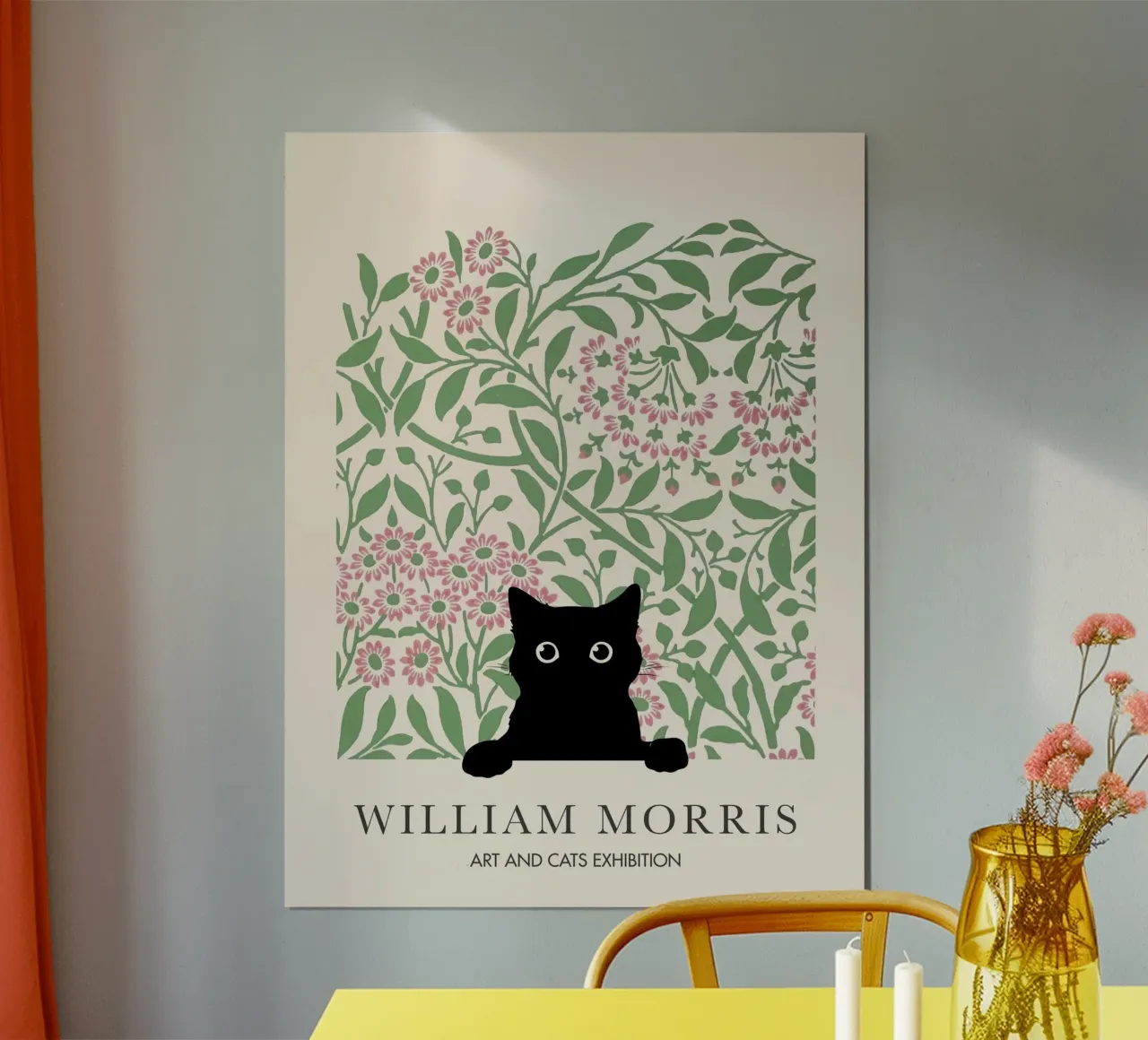 William Morris, Peekaboo Cat, Daisy Arts & Cats poster con telaio in alluminio da Peaches Art Prints