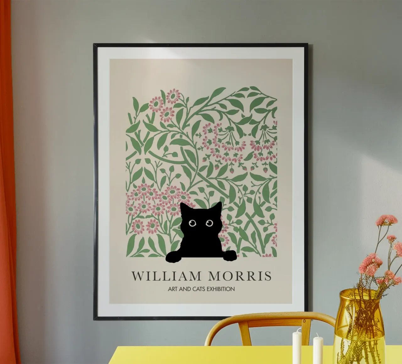 William Morris, Peekaboo Cat, Daisy Arts & Cats poster con telaio in alluminio da Peaches Art Prints