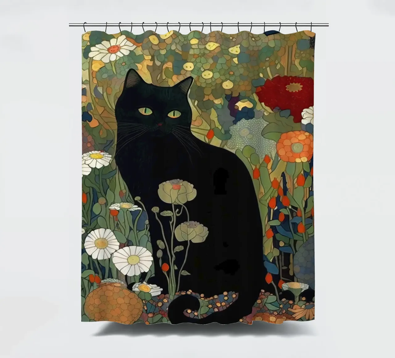 Gustav Klimt, black cat in a garden - Style shower curtain by Peaches Art Prints