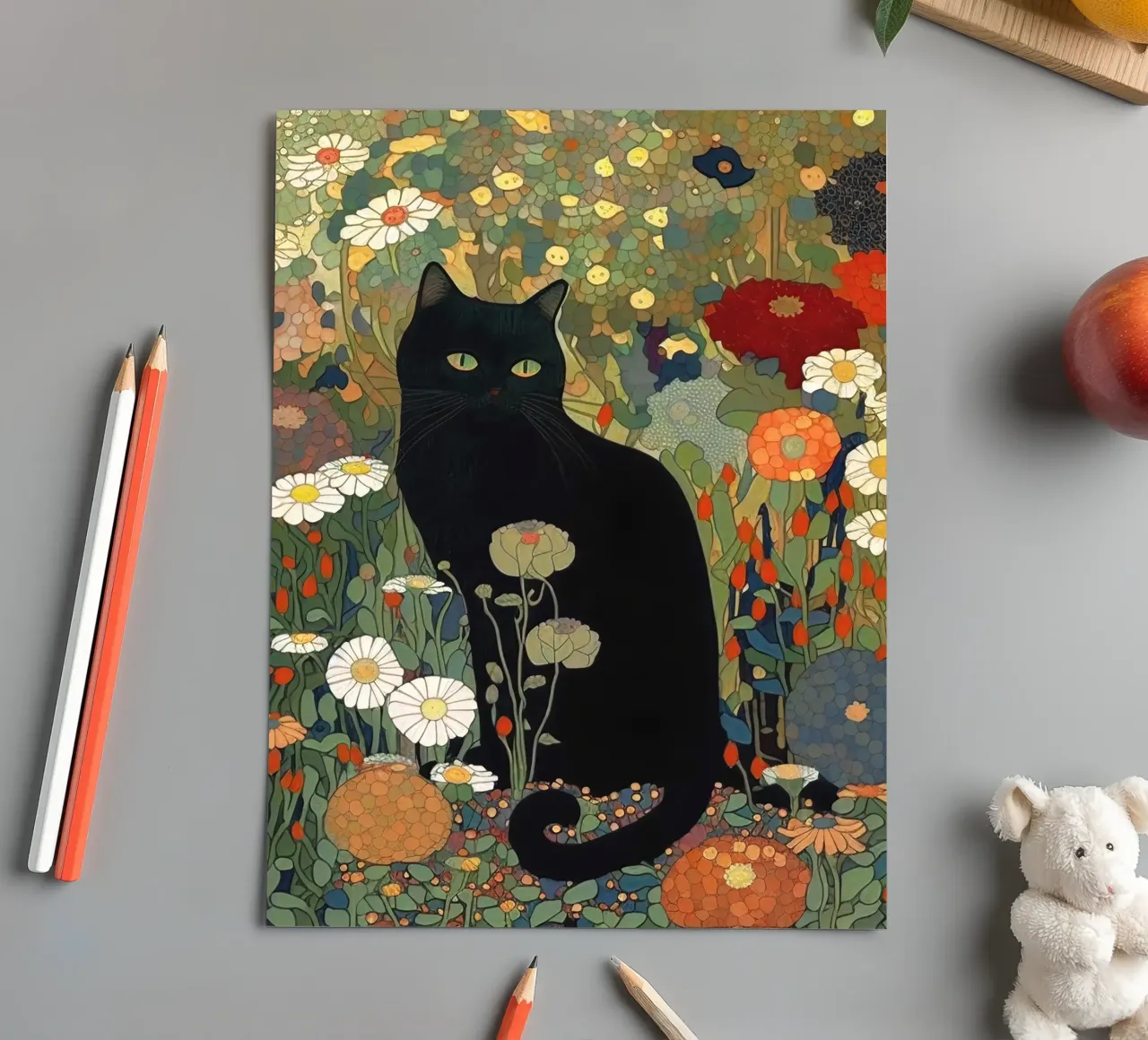 Gustav Klimt, black cat in a garden - Style sticker sheet by Peaches Art Prints