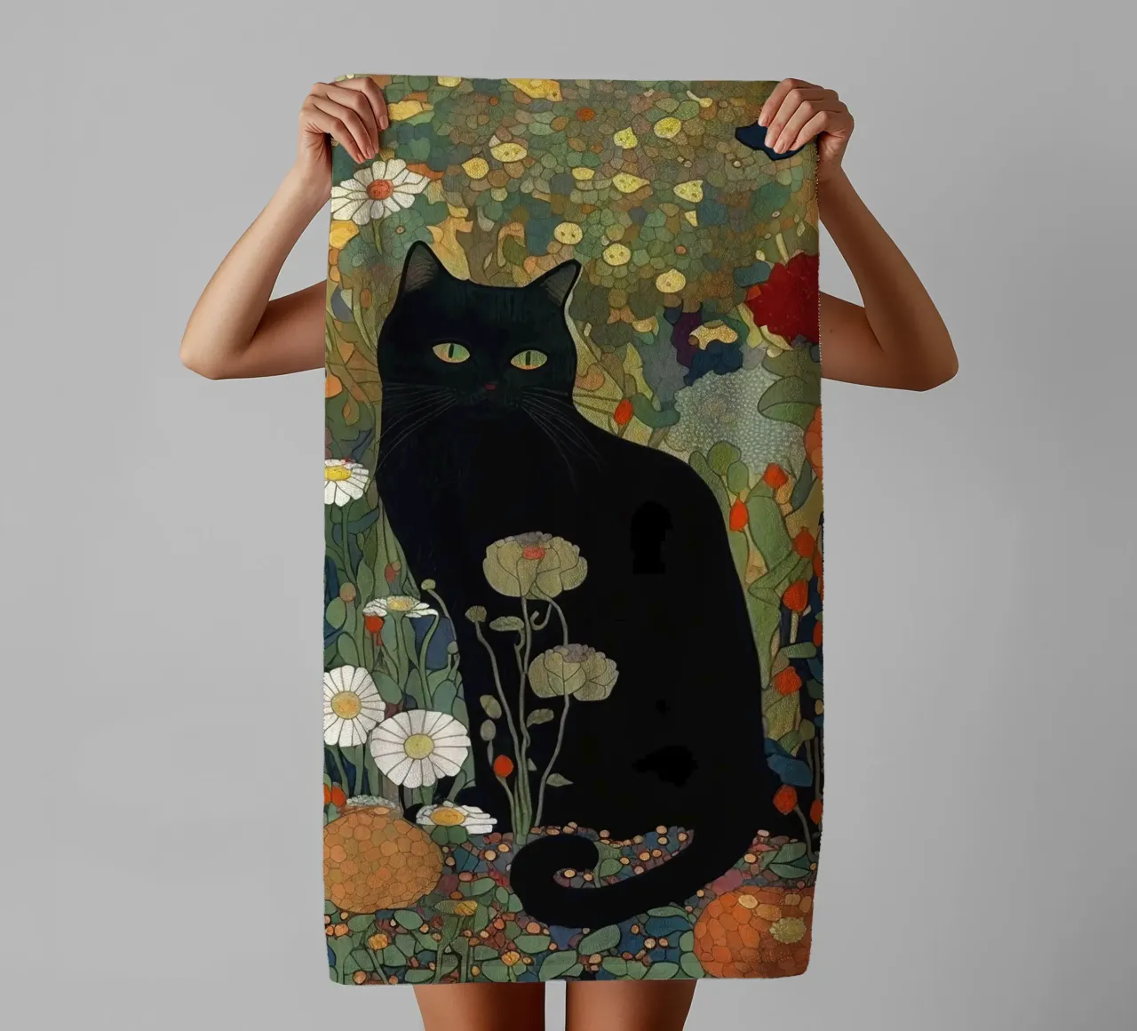 Gustav Klimt, black cat in a garden - Style towel by Peaches Art Prints