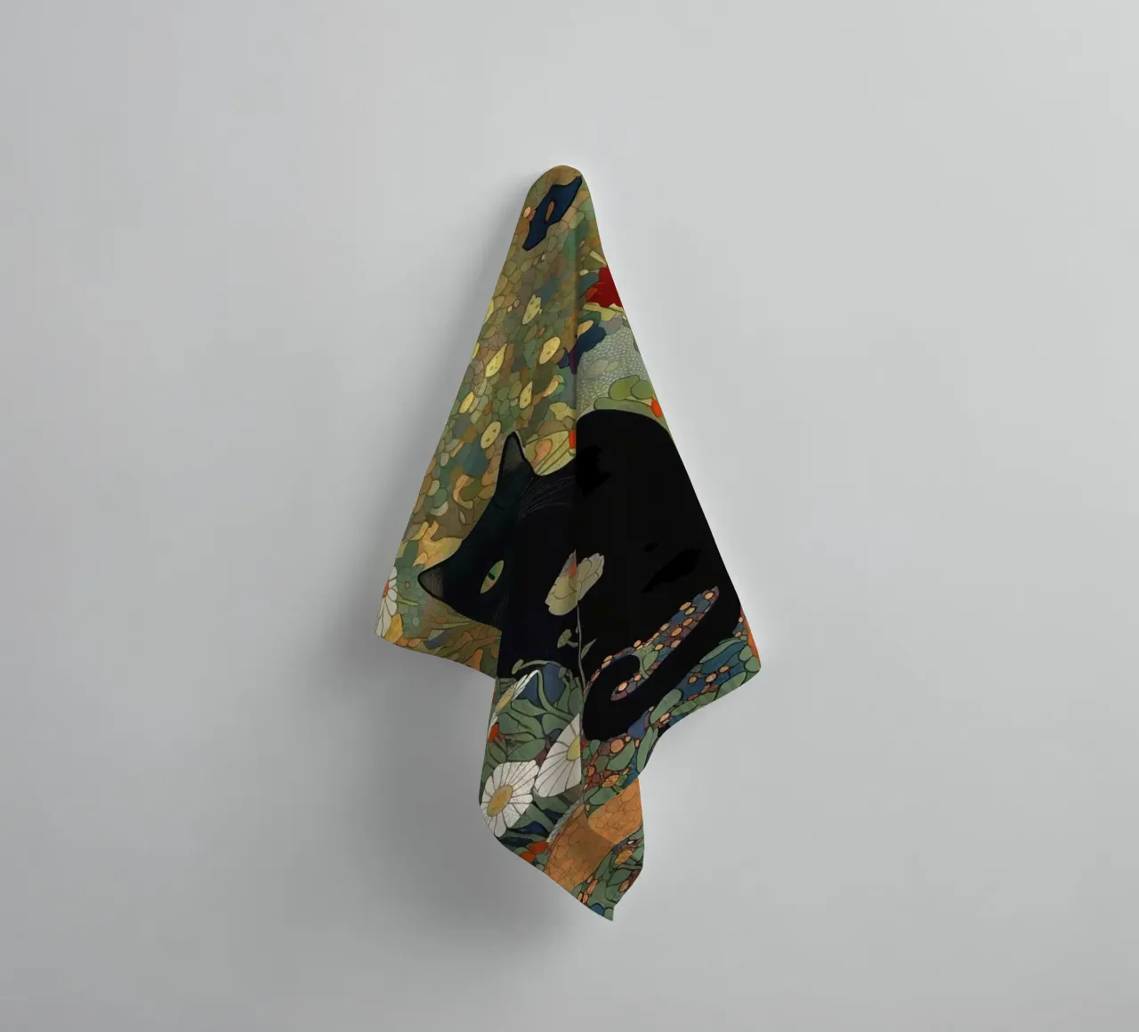 Gustav Klimt, black cat in a garden - Style towel by Peaches Art Prints