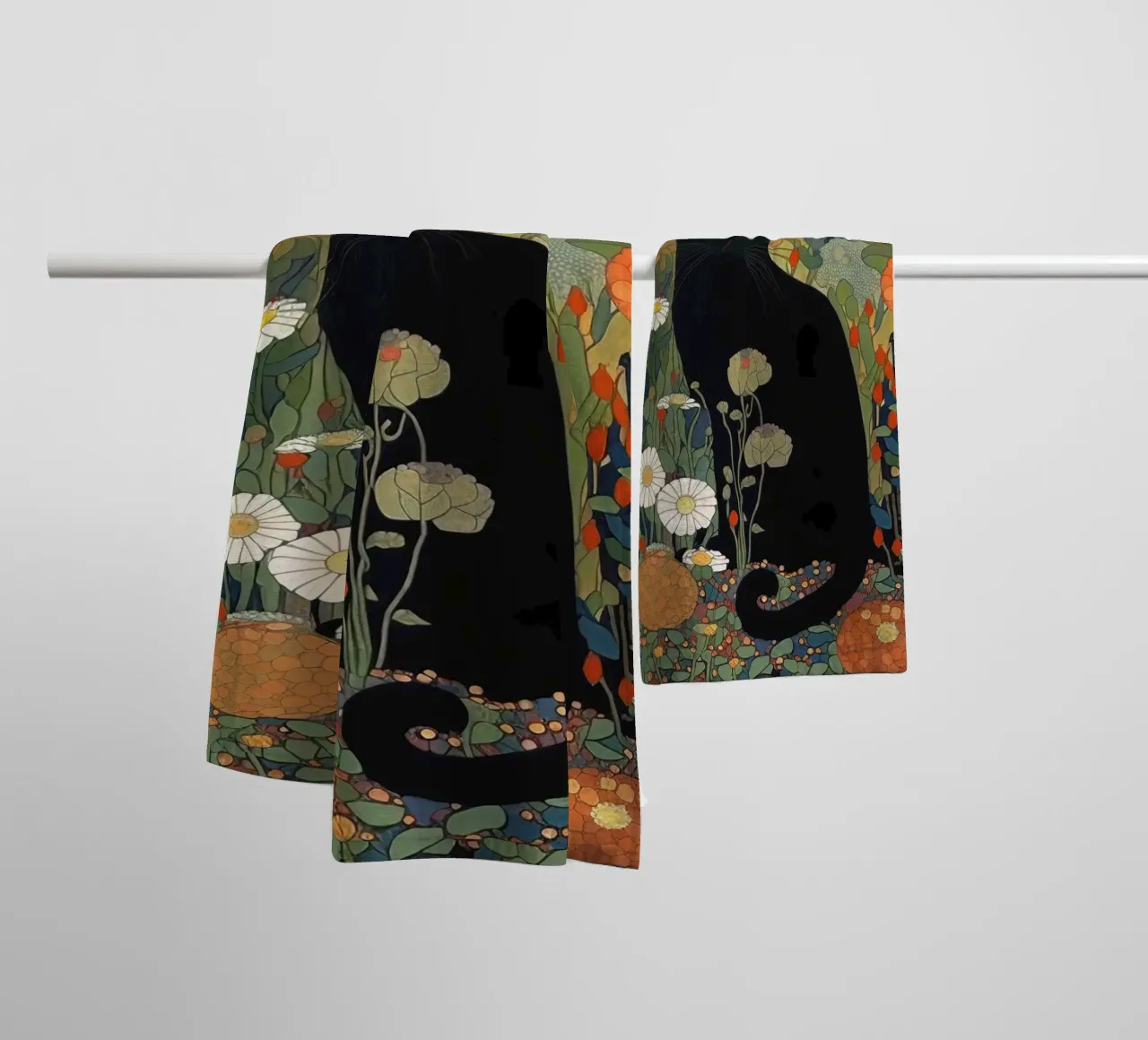Gustav Klimt, black cat in a garden - Style towel by Peaches Art Prints