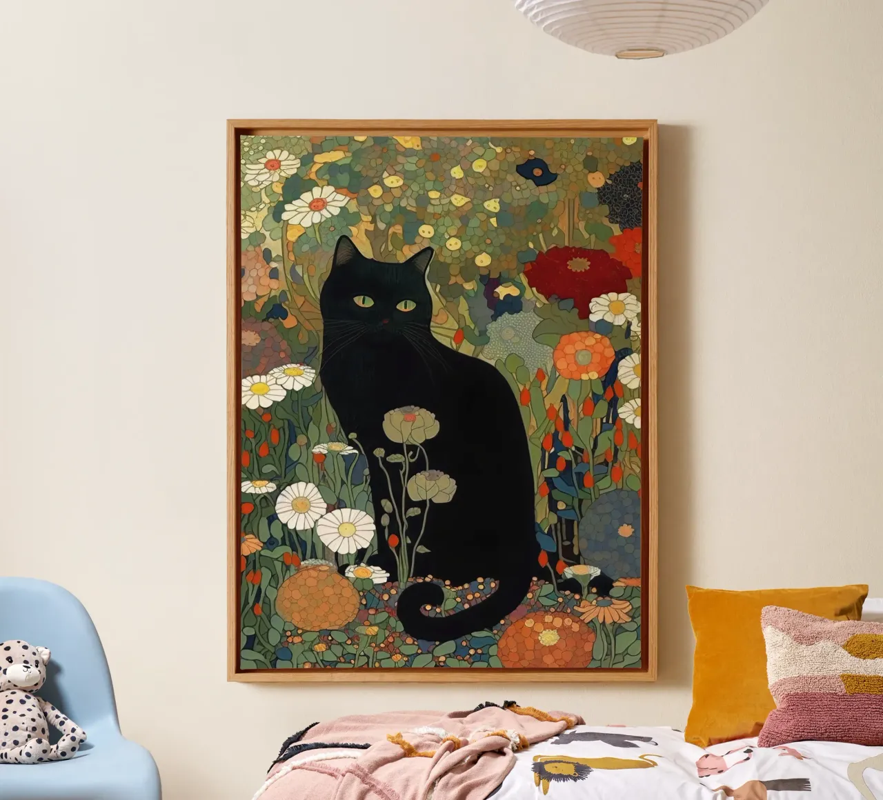 Gustav Klimt, black cat in a garden - Style canvas by Peaches Art Prints